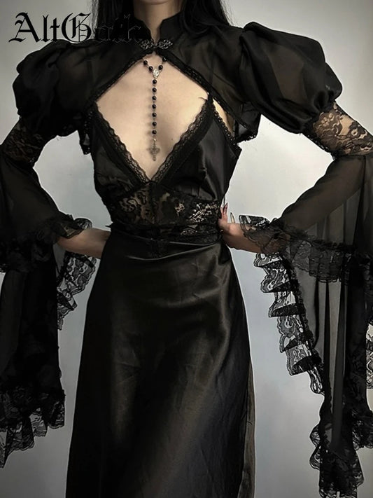 Lace Patchwork Flare Sleeve Crop Blouse