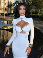 Solid Full Sleeve Hollow Out Turtleneck Sheath Hip Wrap Long Dress
