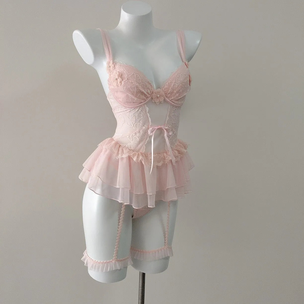 Flower Lingerie Corset Vest Slim Waist Lace Mesh Fishbone Bra Nightdress with Panty Underwear Set