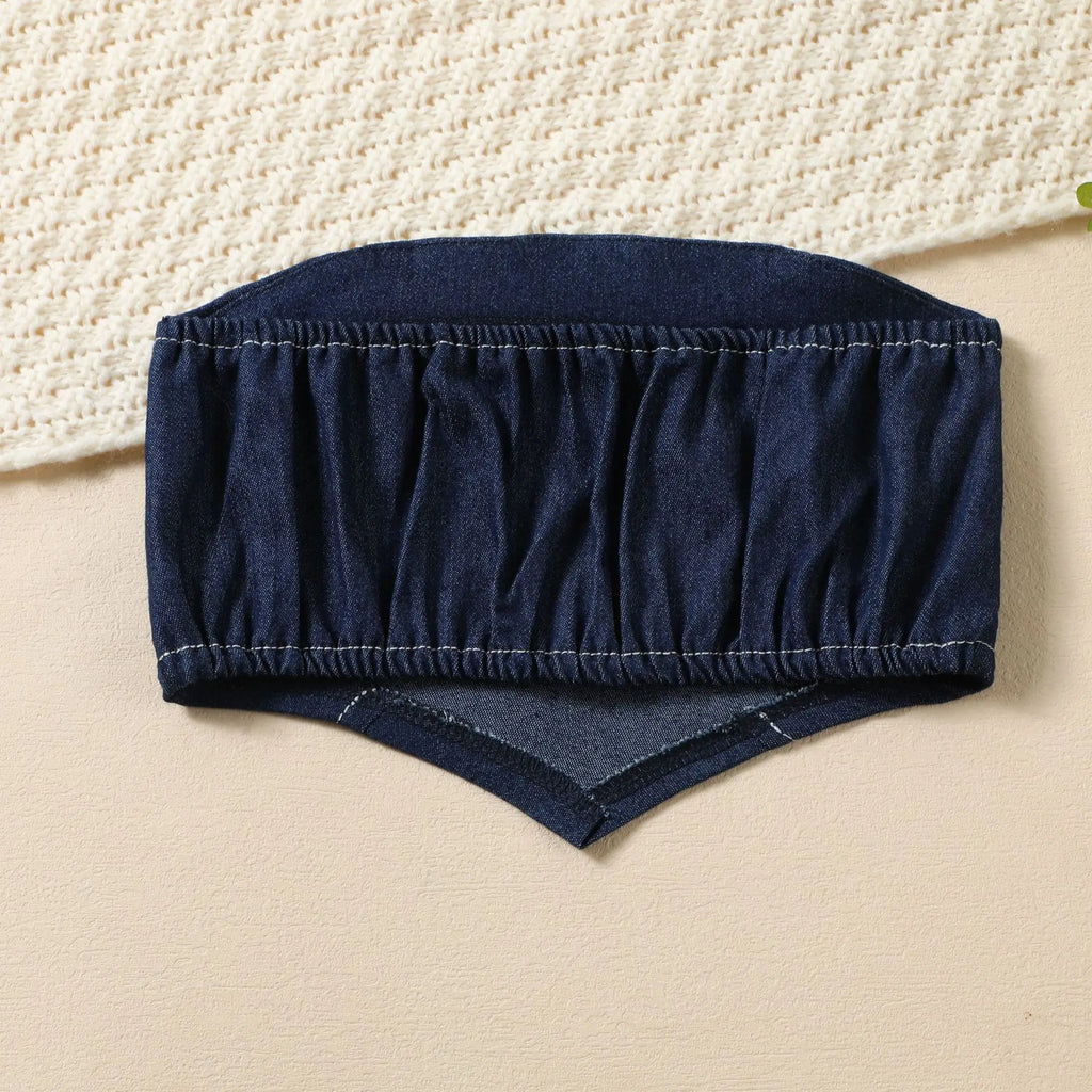 Denim Tops + Pleated Skirt + Bow Belt 3 Pcs Set