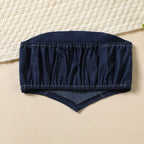Denim Tops + Pleated Skirt + Bow Belt 3 Pcs Set