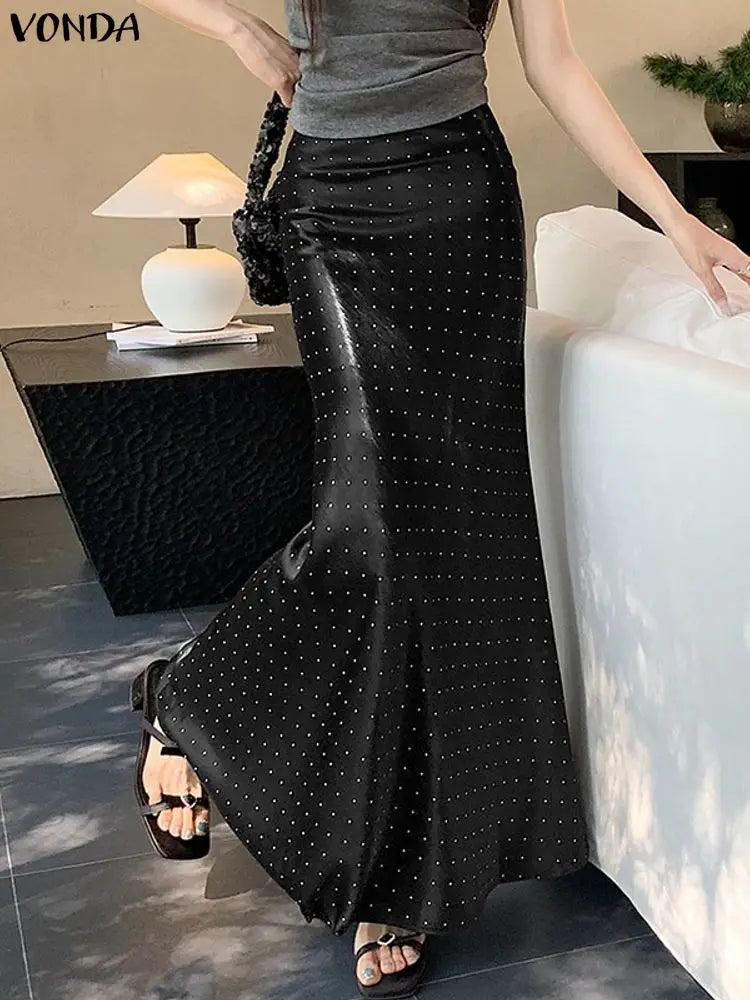 VONDA Polka Dot Satin Maxi Long Skirt