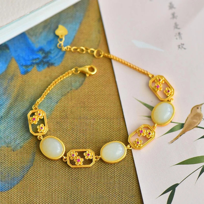Natural Hetian Jasper White Jade Flower Bracelet