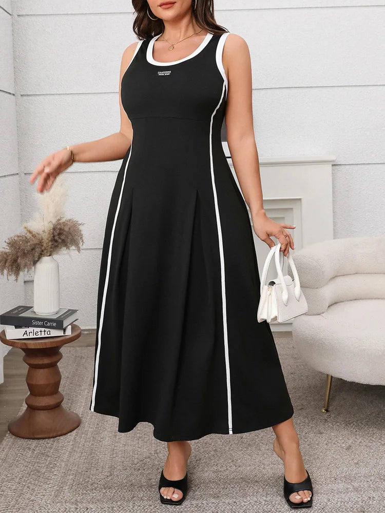 Contrast O-Neck Sleeveless A-Line Dress