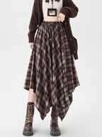 Plaid High Waisted Elastic A-Line Mid Length Irregular Skirt