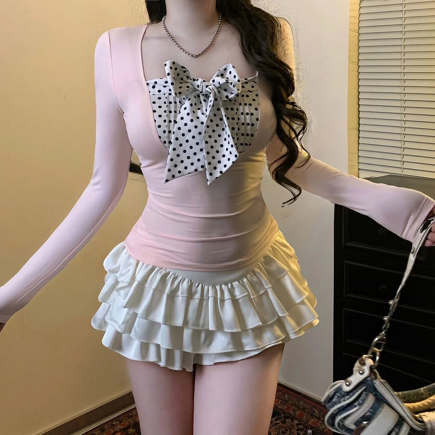 Bow Polka Dot Long Sleeve Tee