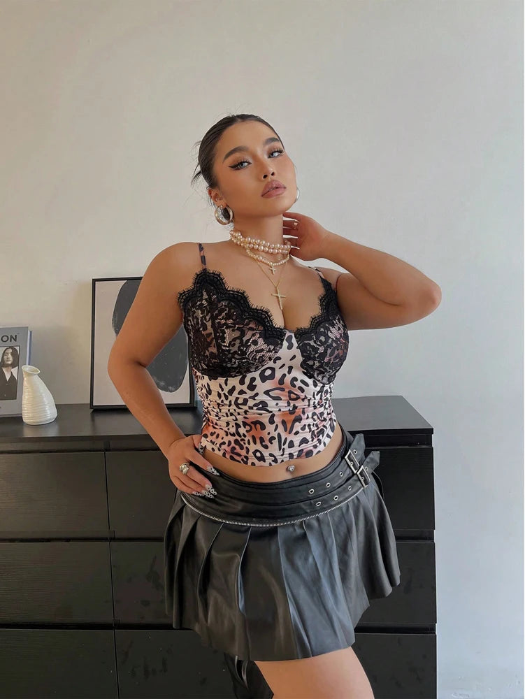 Leopard Lace Splicing Bowknot Camisole Top