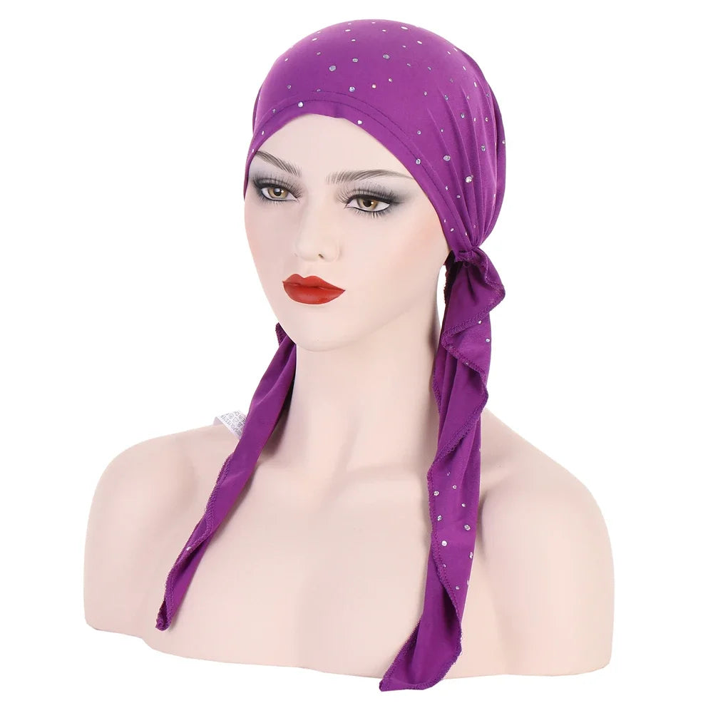 Shiny Glitter Elastic Solid Color Pre-Tied Hijabs Wrap Head Scarf Muslim Turban Bonnet for Women Inner Hat Turbantes Caps Mujer