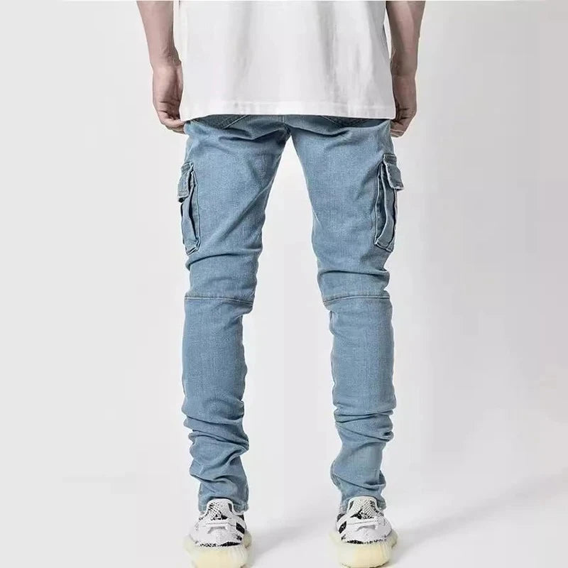 Slim Fit Cargo Denim Pants with Side Utility Pockets