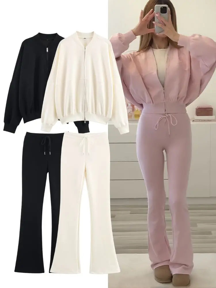 Solid Color Interlocked Pilot Jacket + High Waist Lace-Up Flared Pants Set