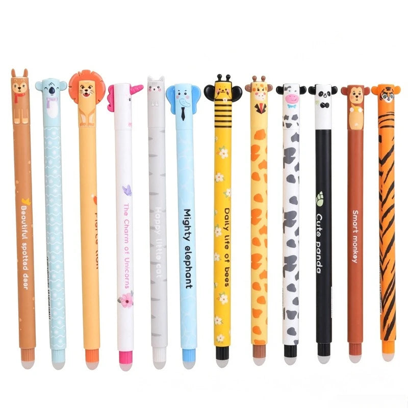 12 styles Cute Animal Erasable Pen 0.7mm Blue Ink Gel Pen Lion Elephant Unicorn Ballpoint Pen Writing Error Erasable for School