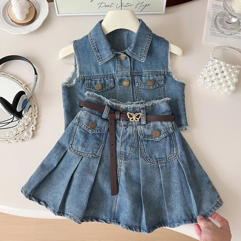 Sleeveless Fringed Vest and Pleated Skirt Denim Two-Piece Set