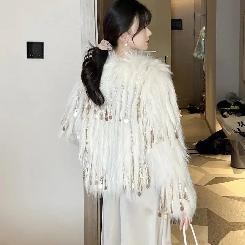 Faux Fox Fur Grass Sequined Tassels Coat