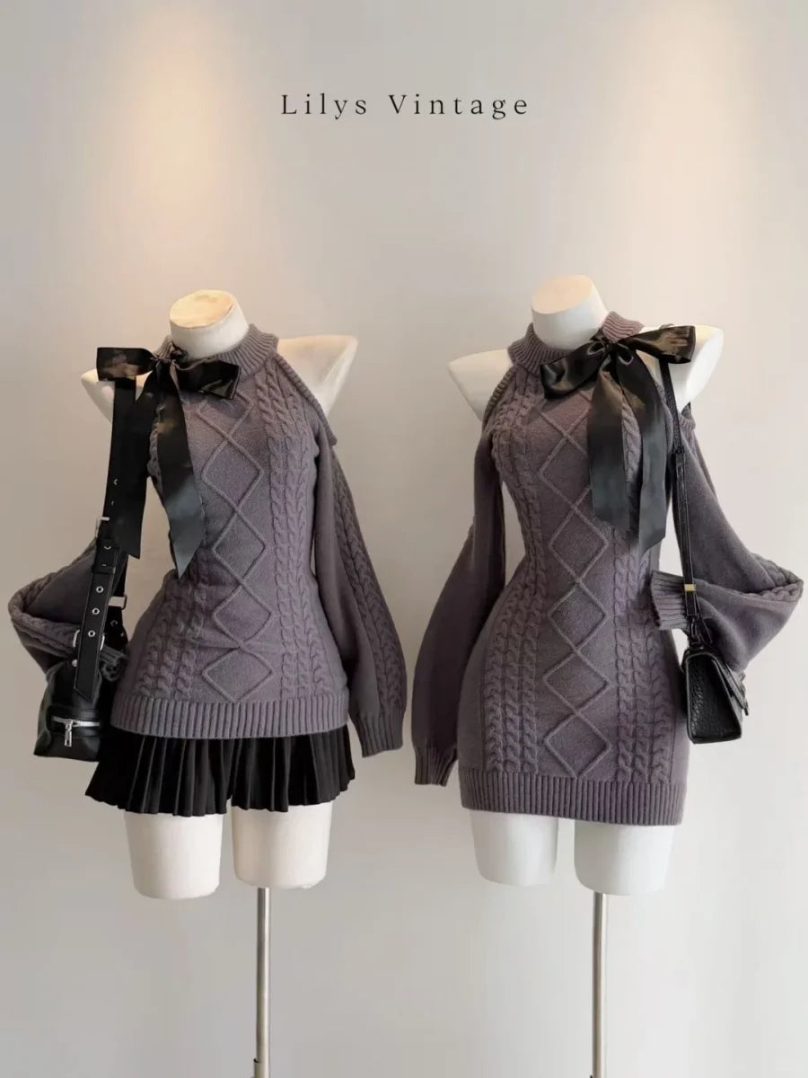 Long Sleeved Off Shoulder Sweater Lantern Sleeve Knitted Dress