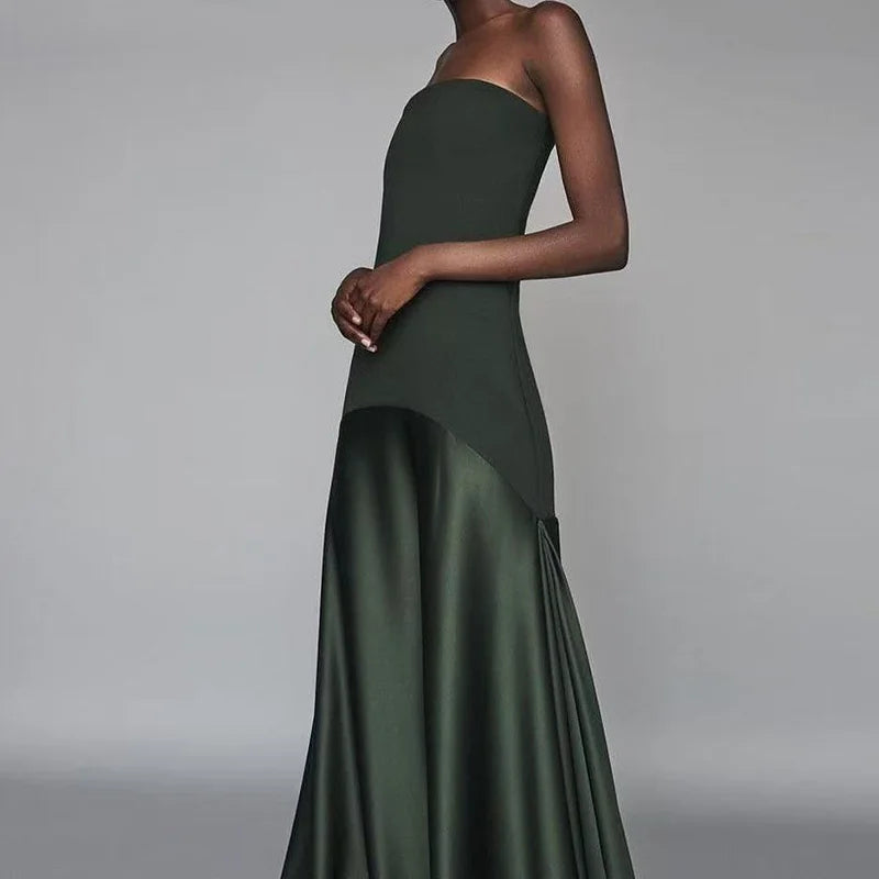 Strapless Drop-Waist Satin Maxi Gown