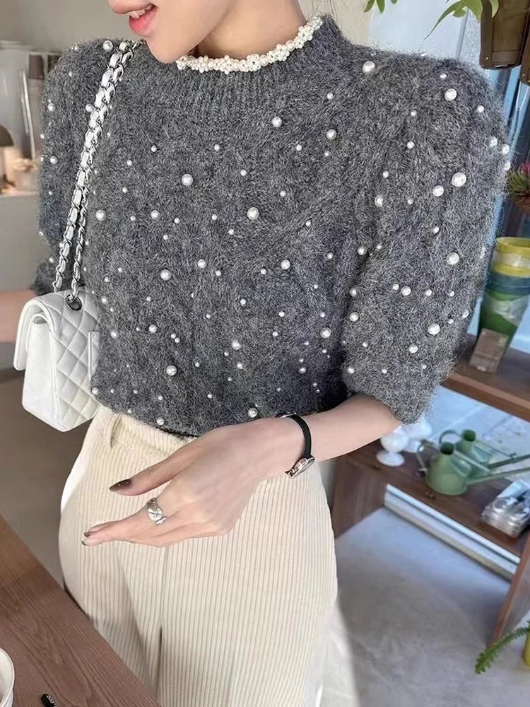 Bubble Sleeve Knitwear Round Neck Short Sleeve Sweater Top