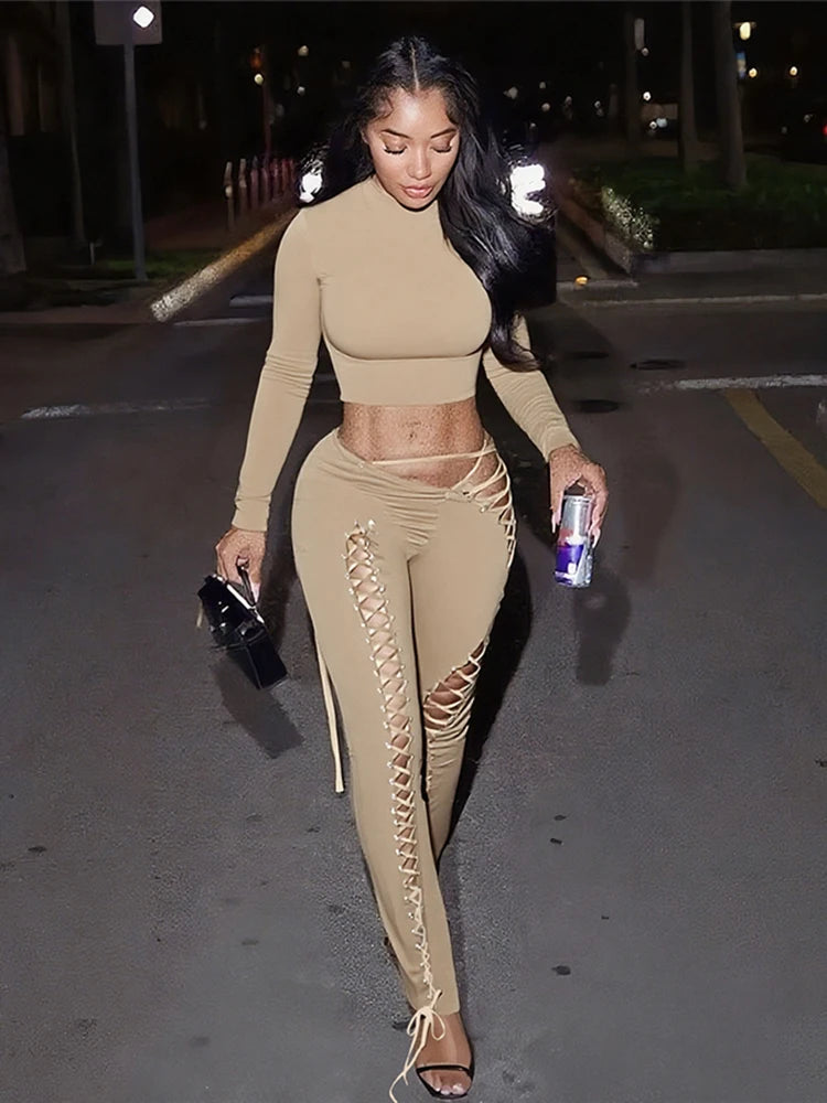 kliou Solid Full Sleeve Crop Top + Drawstring Slash Waist Pants Set