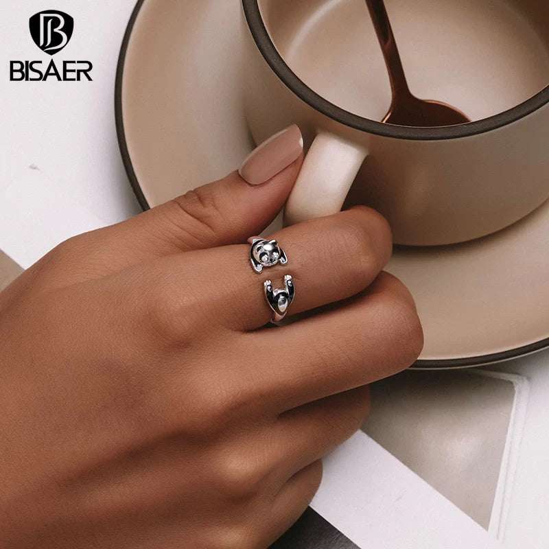 925 Sterling Silver Cute Panda Open Ring