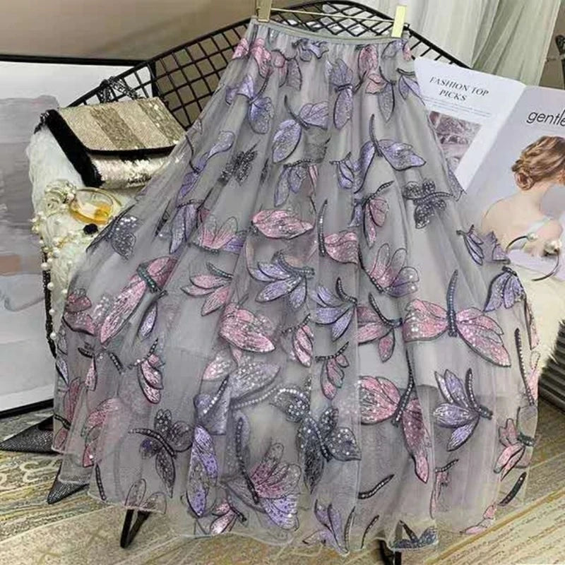 Embroidered Butterfly Mesh Midi Skirt with Sequin Detail