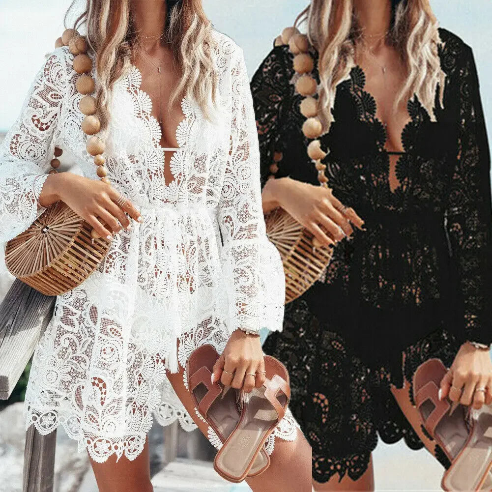 Boho Crochet White Knitted V-Neck Scallop Trim Lace Dress