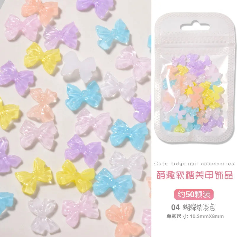 50PCS Aurora Acrylic 3D Nail Art Bow Charm For Nails Decoration Design Kawaii Manicure Accessories Bow-knot DIY Craft Supplies