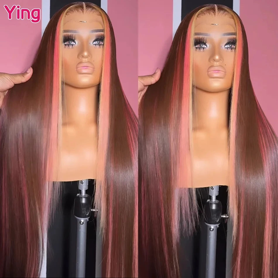 Ying Bone Straight Peruvian Neapolitan Colored Pink Brown 13x6 Lace Frontal Wig