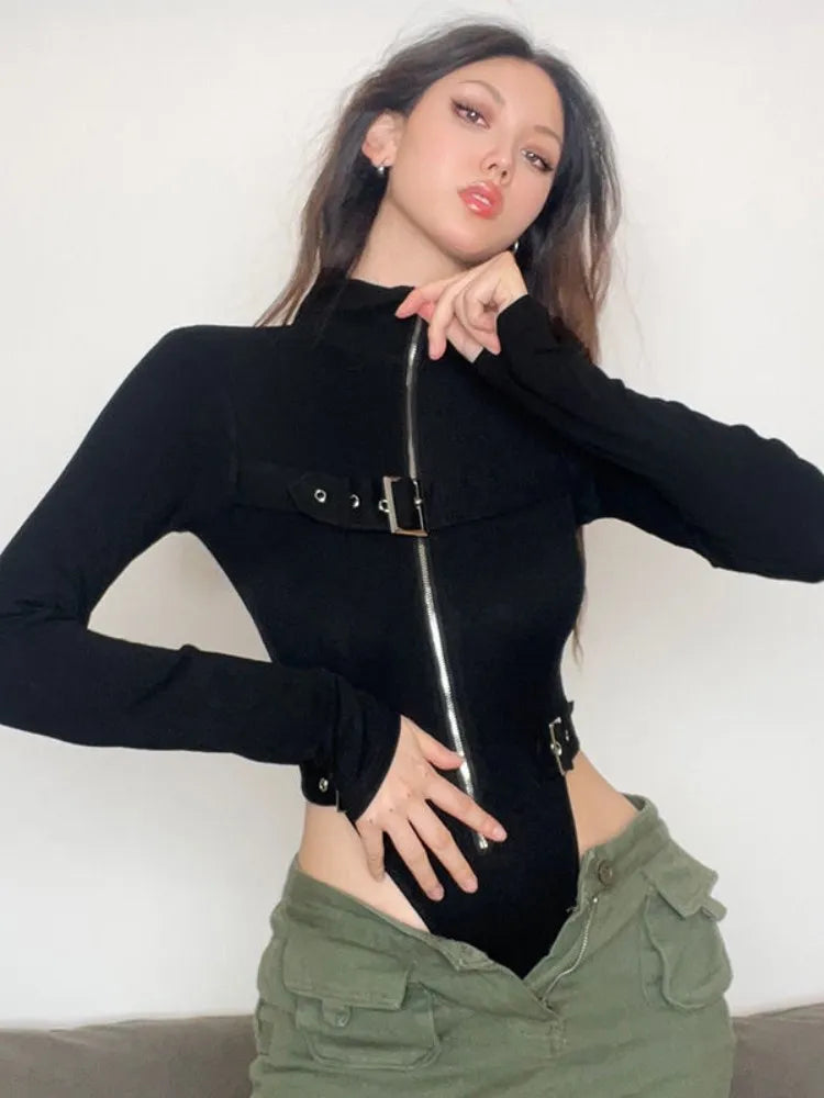 Metal Button Zipper Bodysuit