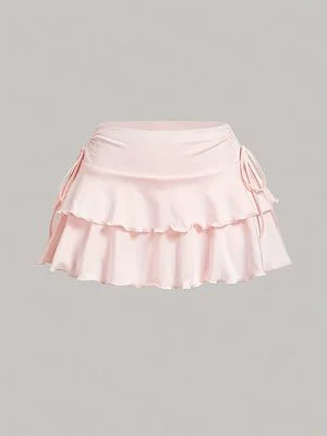 Ruffled Layered Mini Skirt with Side Drawstring