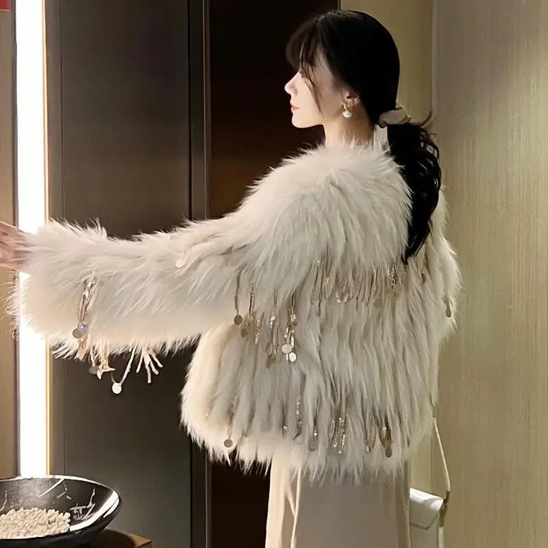 Faux Fox Fur Grass Sequined Tassels Coat