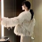 Faux Fox Fur Grass Sequined Tassels Coat