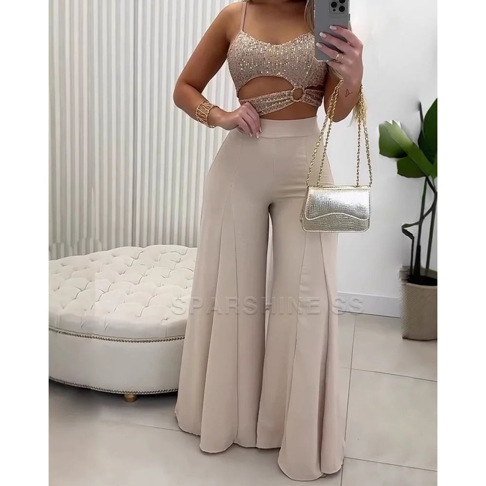 Slim Fit Wide Leg Pants Spaghetti Strap Top Set