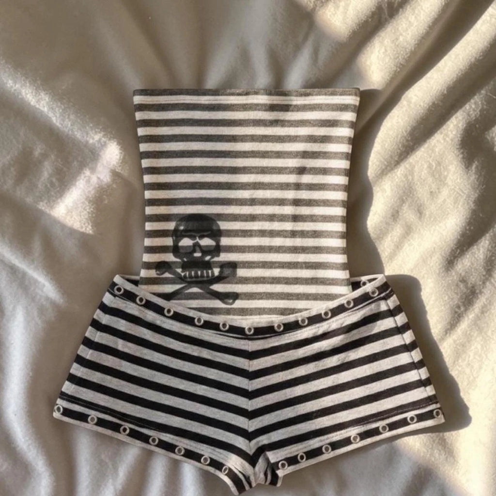 Striped Tube Top and Booty Shorts Set with Skull Graphic