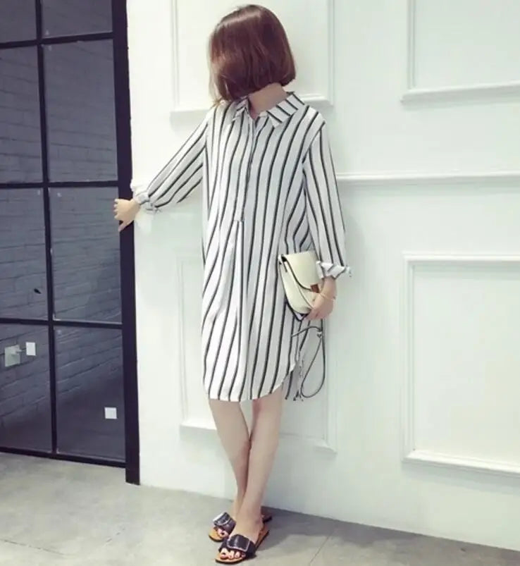 Long Sleeve Striped Printed Shirt Dress