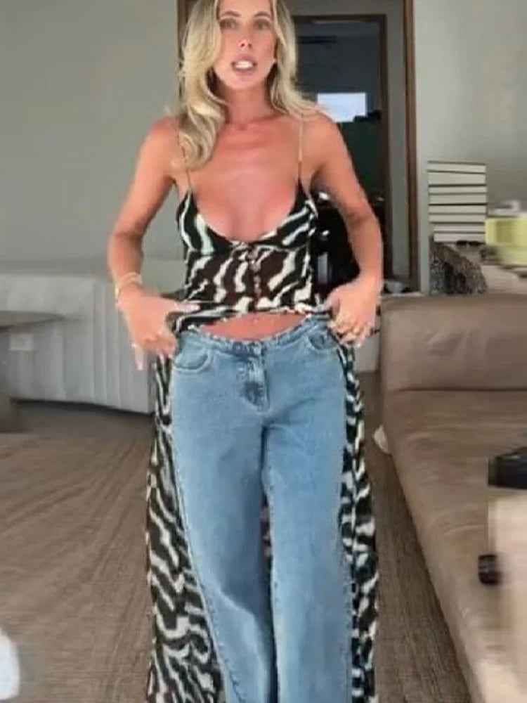Zebra Print Spaghetti Strap Maxi Top Pants Jumpsuit