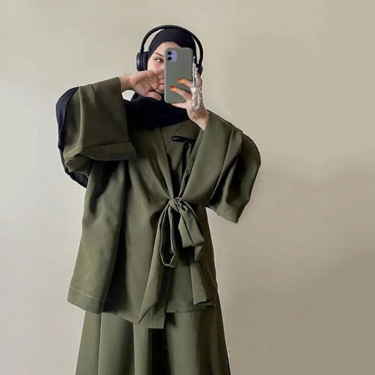 Eid Muslim Suit Modest Two Piece Women Lace Up Top Skirt Outfits Ramadan Morocco Dubai Abayas Ensemble Islam Arab Jalabiya 2025