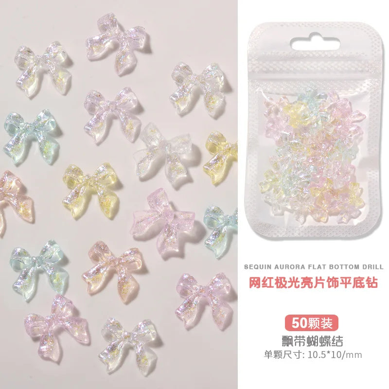 50PCS Aurora Acrylic 3D Nail Art Bow Charm For Nails Decoration Design Kawaii Manicure Accessories Bow-knot DIY Craft Supplies