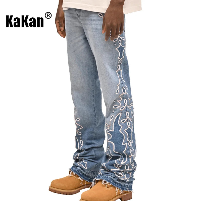 Kakan - メンズブルーストライプグラデーションワイドレッグジーンズ、Y2Kファッション刺繍入りダイヤモンドセットロングジーンズ、Jeans Manブランド