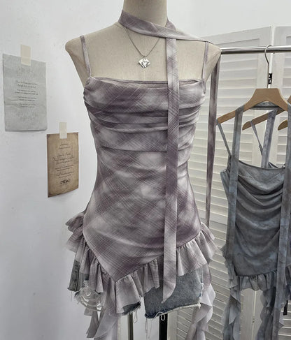 Plaid Printed Mesh Spaghetti Strap Camisole