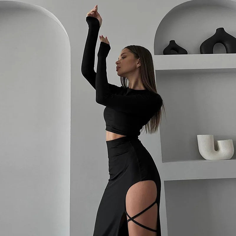 Long-Sleeved Round Neck Top Slim Strap Slit Skirt Set