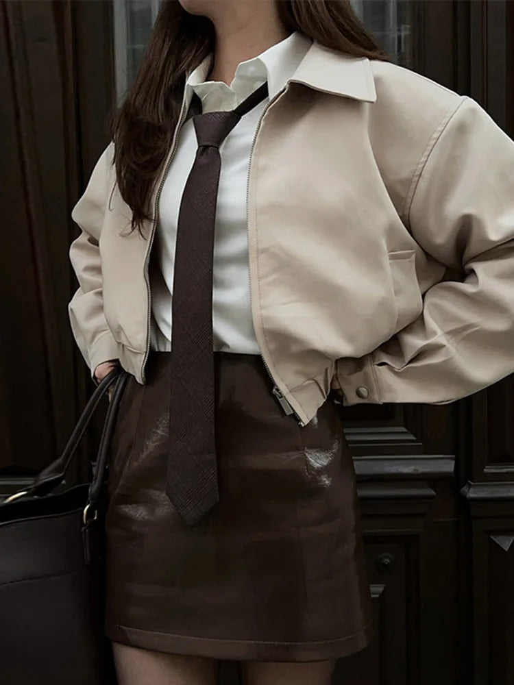 Lapel Long Sleeves Zipper Elastic Band Wide Legs Set