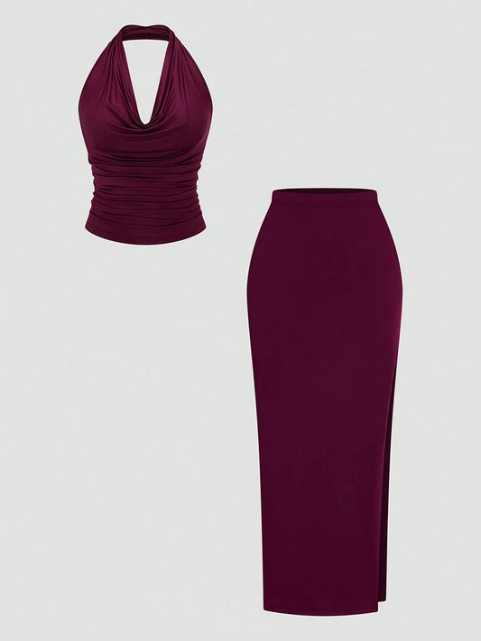 Swing Neck Top + Split Half Skirt Long Skirt Two Piece Set
