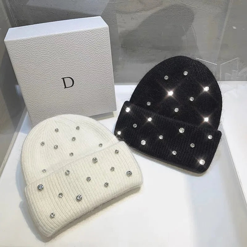 Luxury Rhinestone Rabbit Hair Knitted Beanie