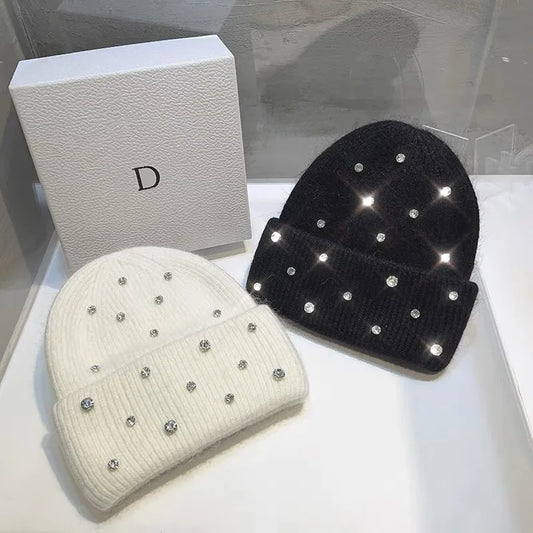 Luxury Rhinestone Rabbit Hair Knitted Beanie