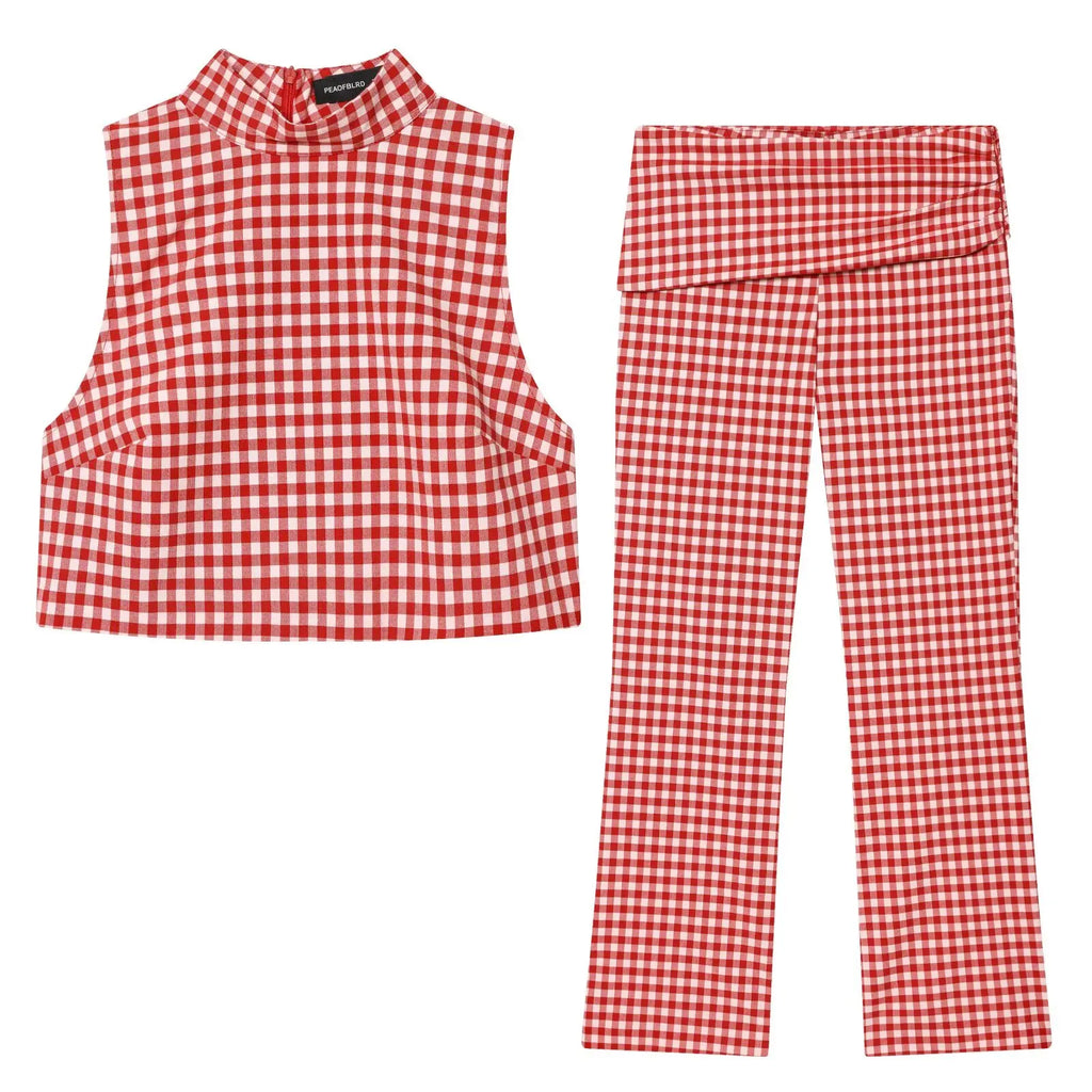 Classic Gingham High-Neck Crop Top & Trouser Set