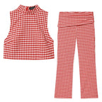Classic Gingham High-Neck Crop Top & Trouser Set