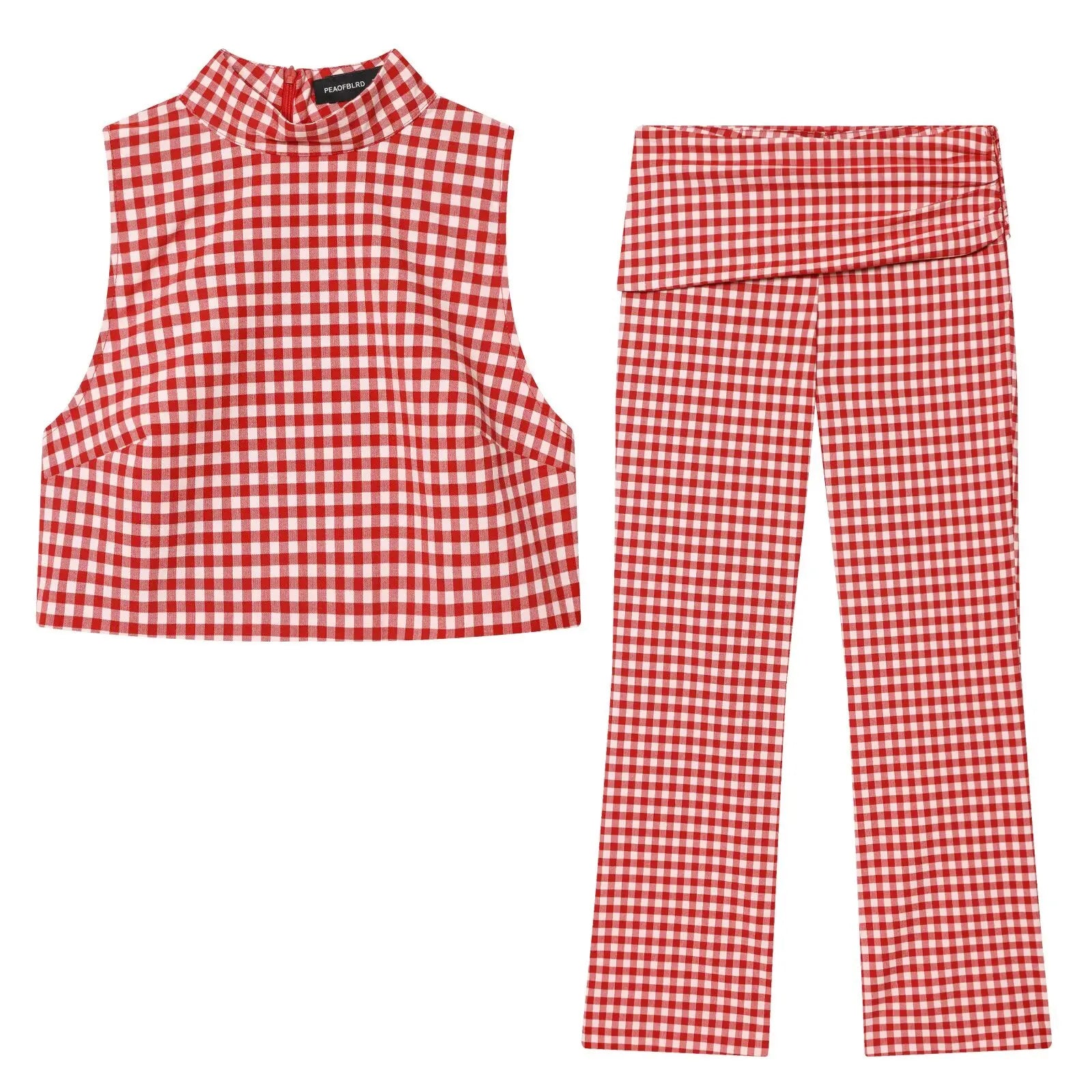 Classic Gingham High-Neck Crop Top & Trouser Set