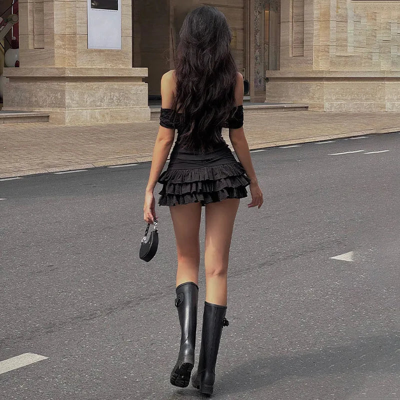 Off Shoulder Slash Neck Crop Tops+ Low-Waist Cascading Ruffles Mini Skirt Set