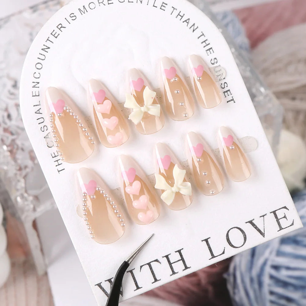 24pcs/box black press on nail tips 3D Heart Bow Rhinestone Y2k Long Ballet Fake Nails Full Cover Wearable Glossy DIY False Nails