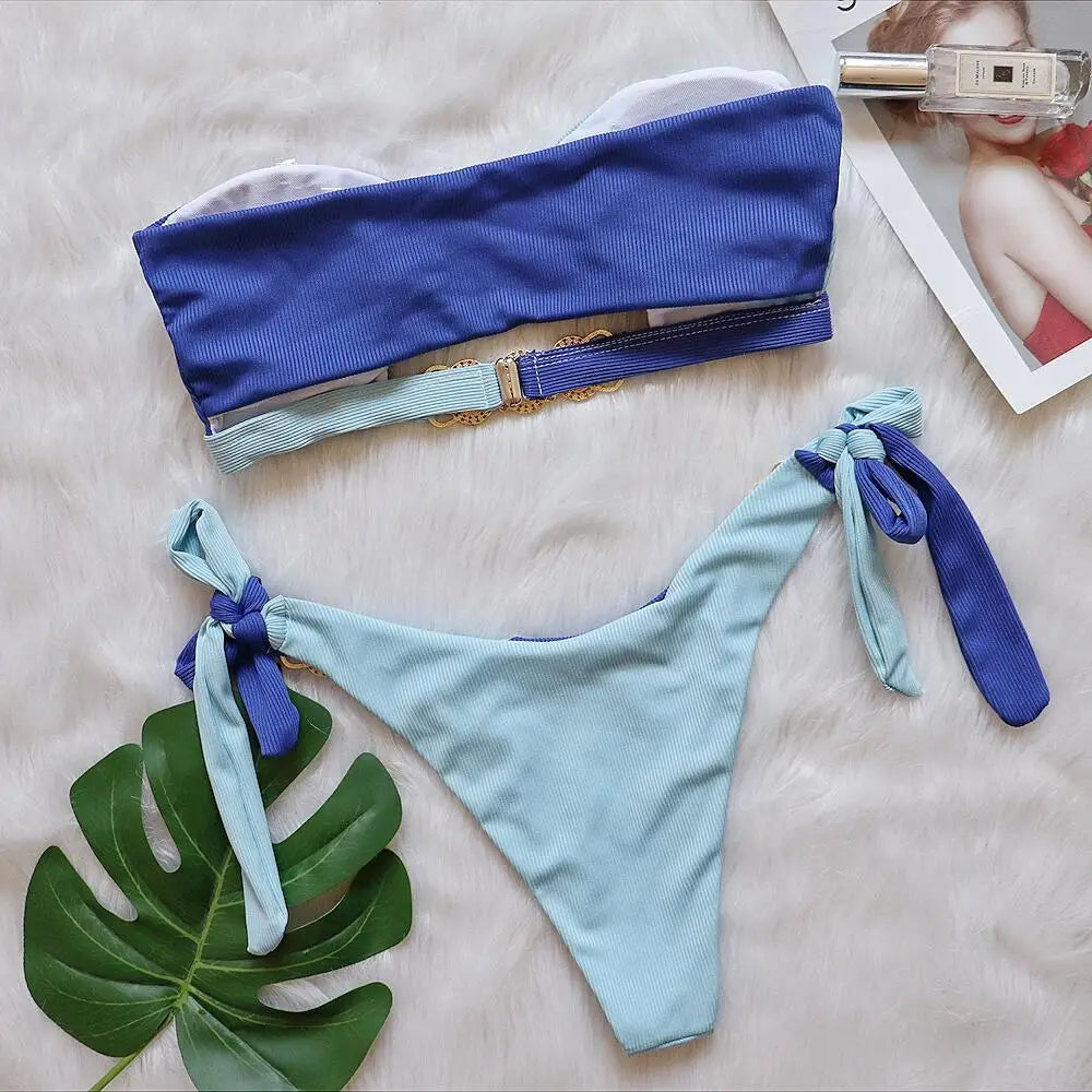 Patchwork Cut Out Rhinestone Bikini