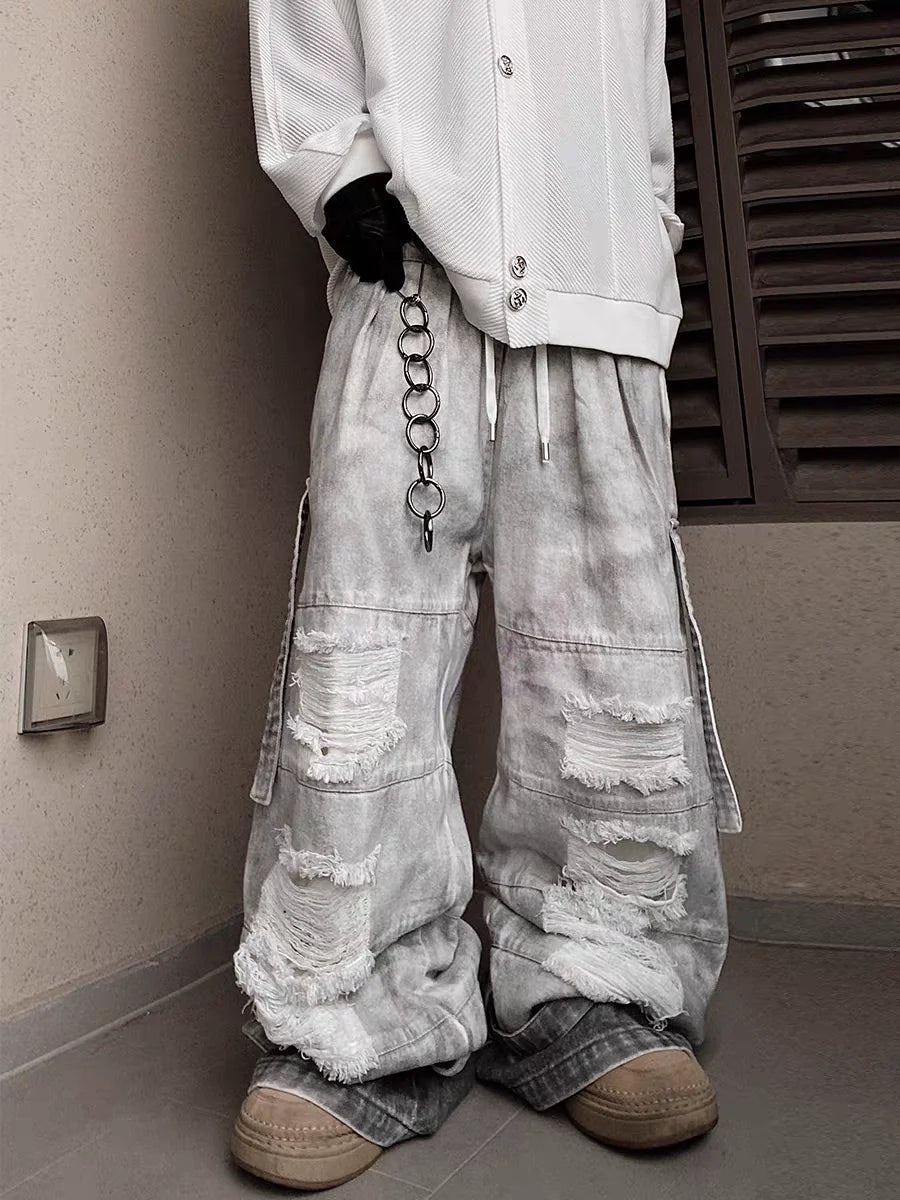 Wide-Leg Distressed Jeans with Patchwork Detail